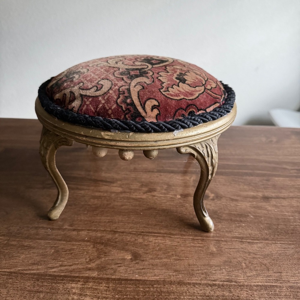 Vintage French Provincial Footstool Gold Cabriole Leg Tapestry Upholstered Stool